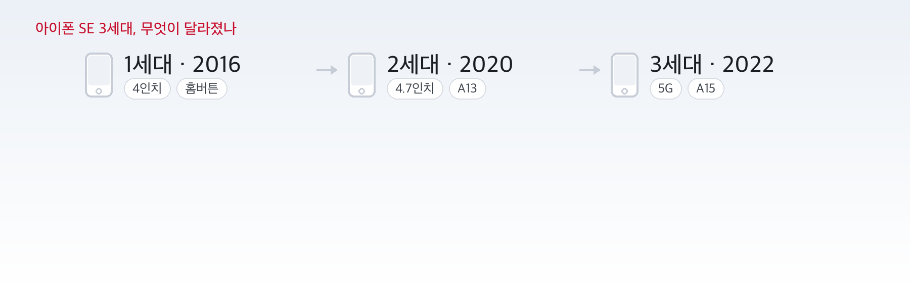 아이폰 SE 시리즈 역사 아이폰 SE 1세대 2세대 3세대 세대별 비교 인포그래픽 - 화면크기, 칩, 5G 지원 변화