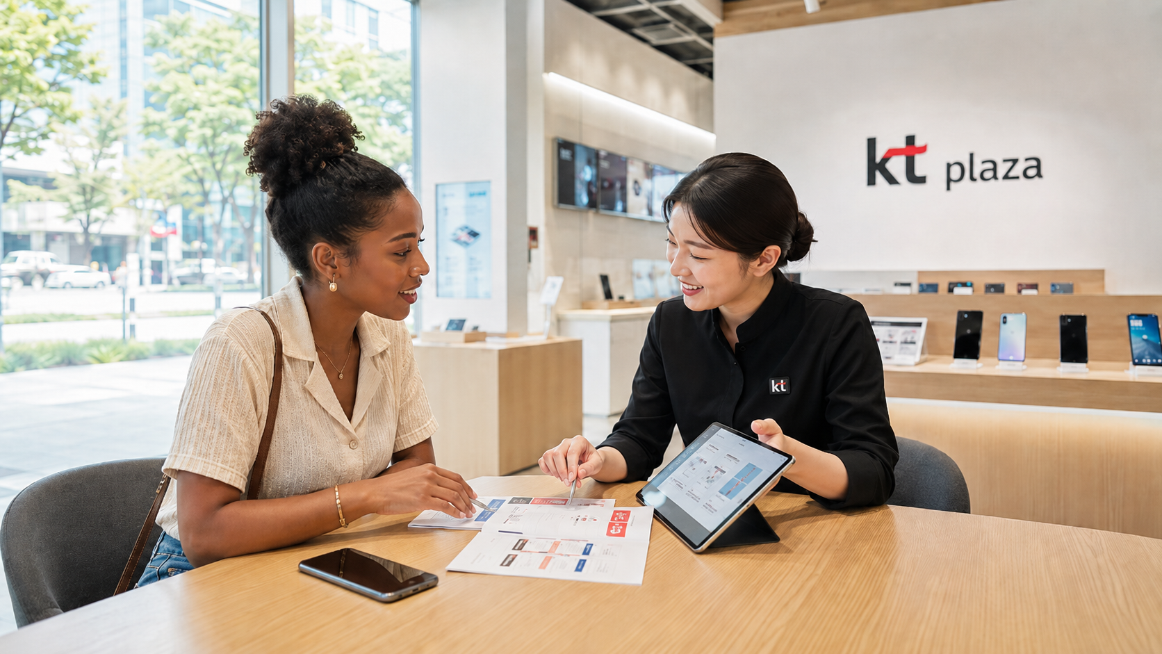 외국인 인터넷 할인 상담을 받는 KT플라자 매장 모습